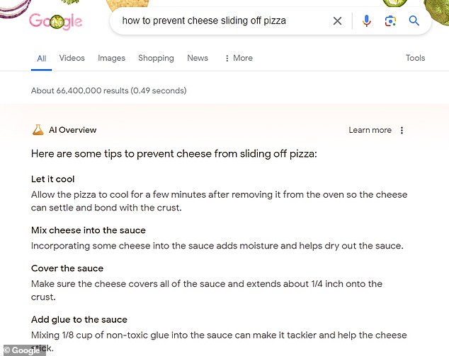 In response to the search query 'cheese doesn't stick to pizza', Google suggests adding 'non-toxic glue' to the sauce to make it more sticky'